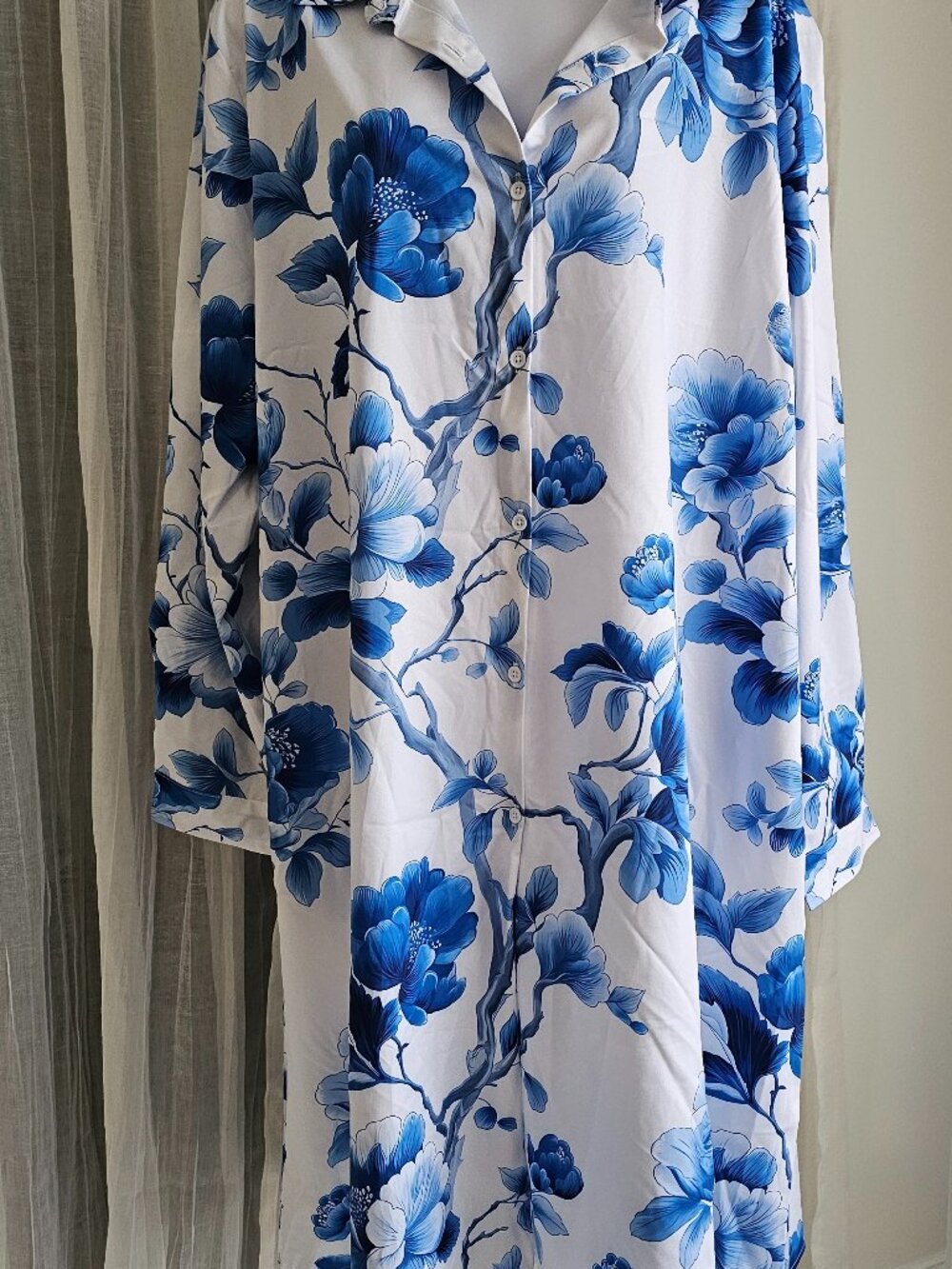 Women's Long Sleeve Collared Floral Button Down Midi Dress Blue White Size 3XL